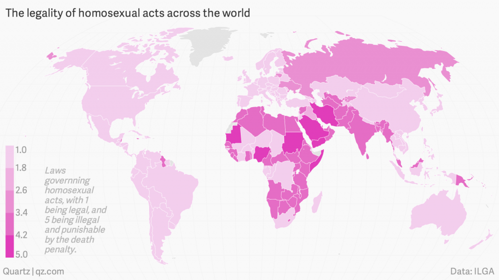 Légalité des actes homosexuels à travers le monde (plus les pays sont en rose foncé, plus l'acte est jugé illégal et sévèrement puni)